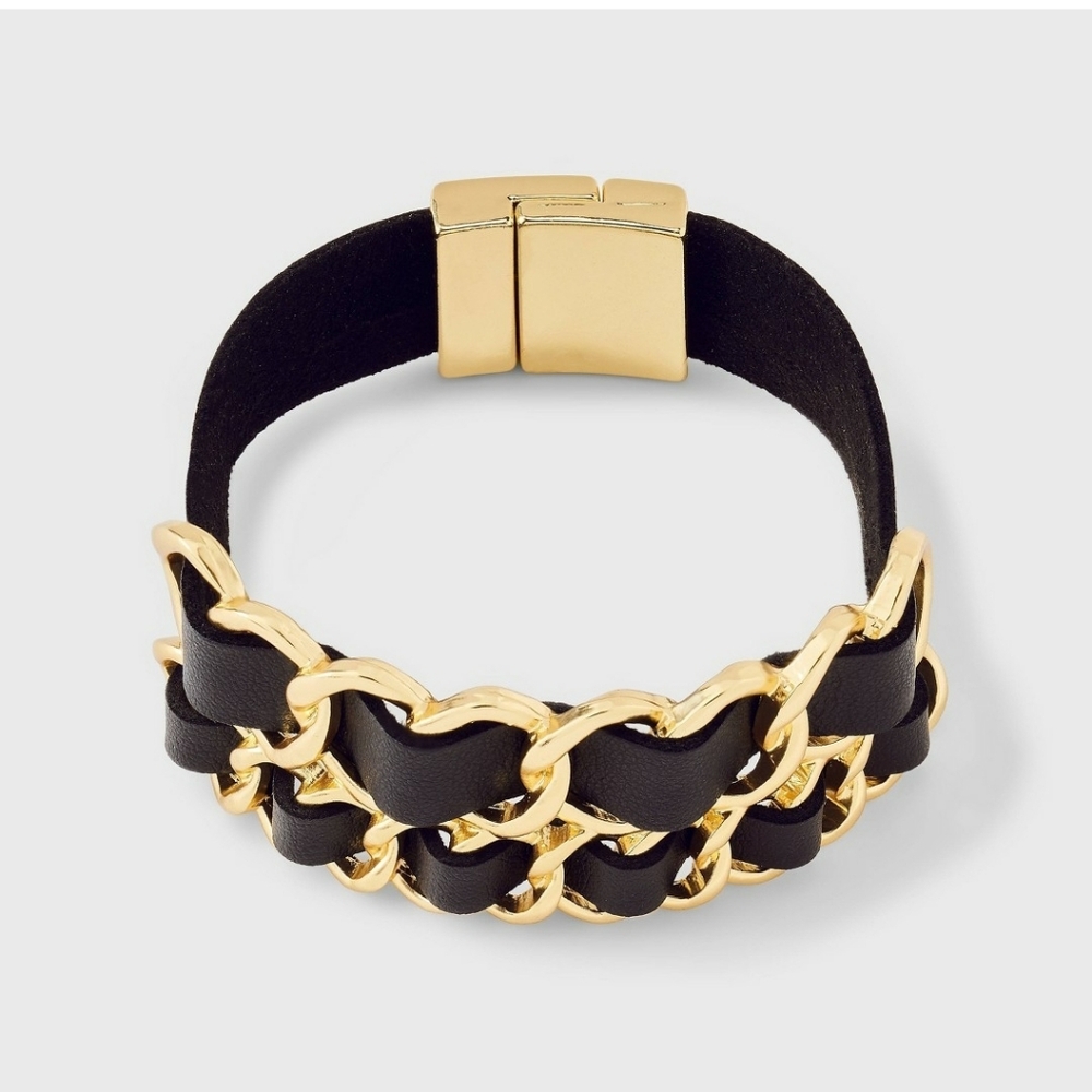 New! Simulated Leather And Chain Bracelet Universal Thread